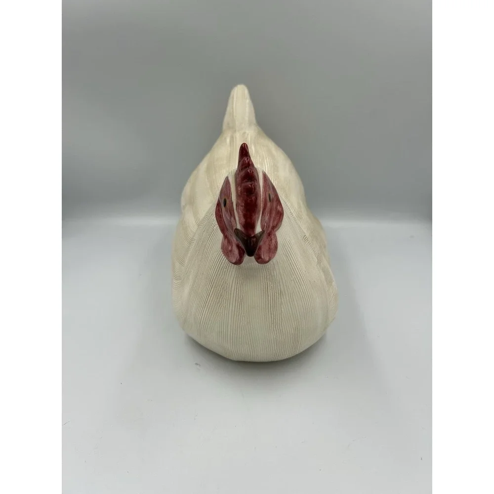 Vintage White Ceramic Chicken Hen Figurine with Red Comb, Approx 9in L x 8in T